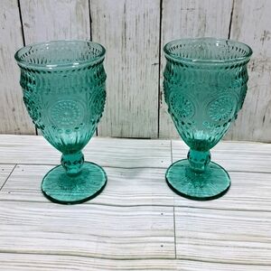 Pioneer Woman Adeline Teal 12floz Glass Stem Water Goblets Vtg Pattern(Set of 2)